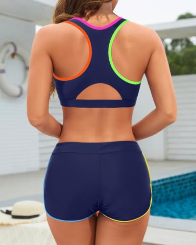 Image of Women Two Piece Sporty Bikini Set Athletic Swimsuits with Boy Shorts Bottom