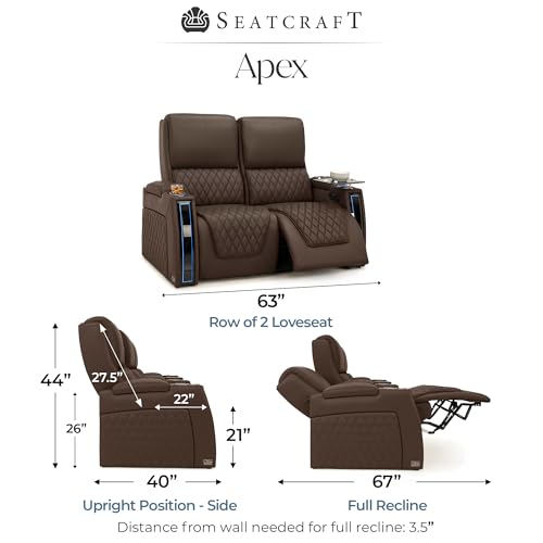 Image of Seatcraft Apex Brown Italian Leather Home Theater Seating, Zero Gravity Power Recliner Chair, Powered Headrest and Lumbar Gaming and Lounge Sofa Furniture for Cinema Room, Row of 2 Loveseats