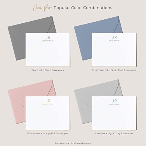 Personalized Professional Monogrammed Flat Card Stationery, Modern Everyday Mens Or Womens Stationary Note Card Set - Thin Line Flat #TOP3