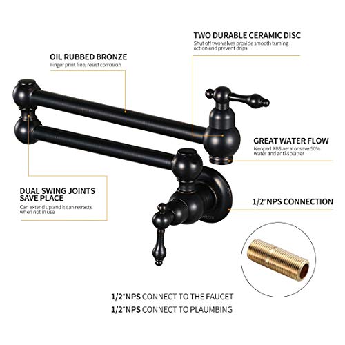 Faucet Wall Mount Oil Rubbed Bronze,With Double Joint Swing Arm Kitchen Faucet Single Hole Two Handles Brass Single Hole Commercial Sink Faucet Kitchen Sink Faucet Oil Rubbed Bronze Pot Filler Faucet #TOP2
