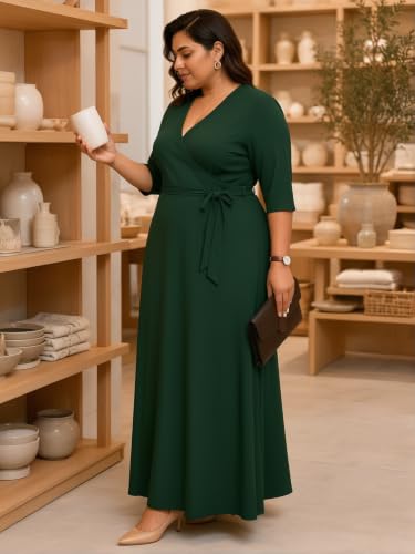 Image of SUZONANA Plus Size Maxi Dresses for Curcy Women Casual Loose 3 /4 Sleeve Long Dress with Belt