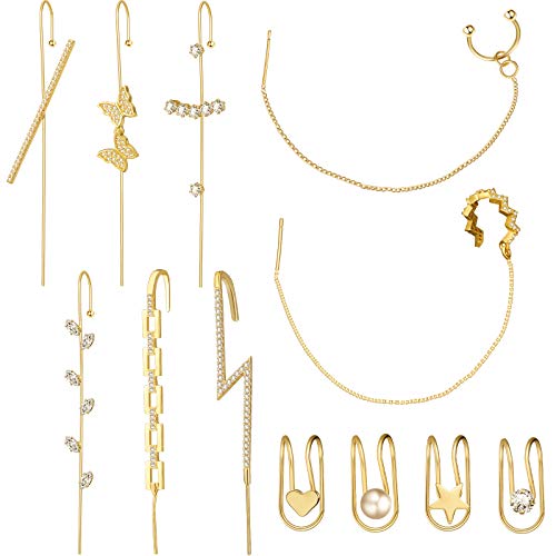 12 Pieces Ear Cuff Wrap Crawler Hook Earrings Gold Wave Cuff Chain Earrings Cartilage Clip on Earrings for Women Girls Valentine's Day Birthday