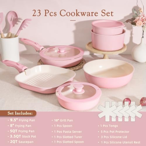 Image of Astercook 23 Pcs Pots and Pans Set Non Stick, Ceramic Cookware Set Detachable Handle, RV Kitchen Cooking Set Removable Handles, Oven Safe, Induction Ready, Stackable, Pink, Mothers Day Gifts