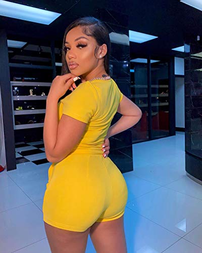 Topsrani Womens Two Piece Outfits Bodycon Tracksuits Sweatsuits Jogger Biker Workout Lounge Pajamas Shorts Pant Sets Yellow Xl #TOP5
