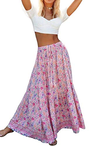 R.Vivimos Womens Summer Cotton Vintage Floral Print Boho Casual Long Skirt (Small, Pink)