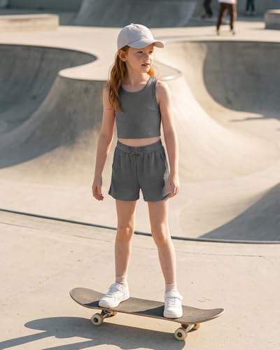 Image of Stelle Girls 2 Piece Outfits Tank Top and Shorts with Pockets 5-15 Years | Girls Ribbed Tops,Crop Tops,Scoop Neck,Sleeveless Tops,Elastic Waist Shorts,Bow Waist,Side Pockets