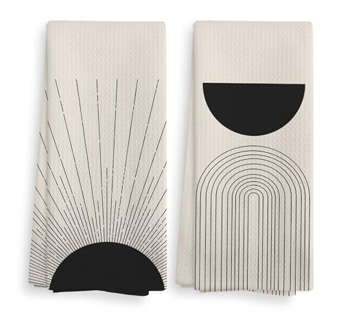 Black Boho Sun Sunray Geometric Arch Semi Circle Kitchen Towels and Dishcloths Set of 2, Absorbent Drying Cloth Hand Towels Tea Towels for Bathroom Kitchen, Gifts for Women Girls, 1624 inches