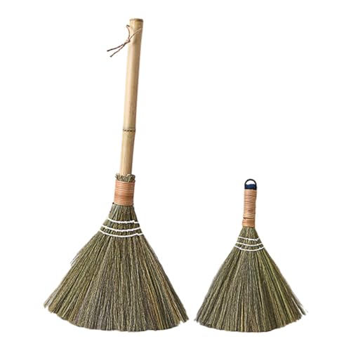 ARTSEWPLY Escoba Tejida de Paja 2 Piezas (Mango Corto y Largo) Cerdas Suaves para Limpieza Doméstica, Plumero para Pisos, Accesorio Compacto para Escritorio y Rincones Difíciles