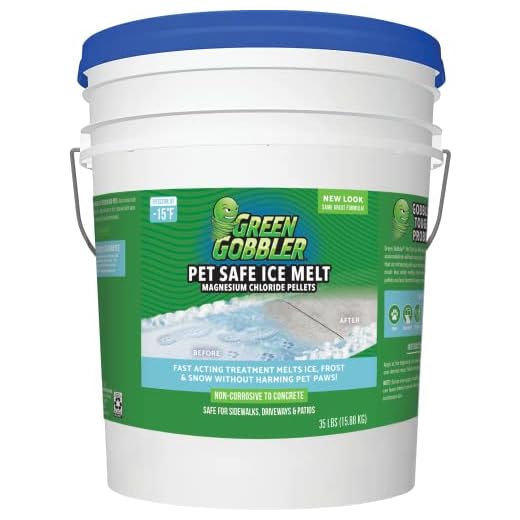 Green Gobbler Pet Safe Ice Melt Fast Acting Treatment | Magnesium Chloride Ice Melt Pellets | Pet & Plant Safe Ice Melter (15lb Pail)