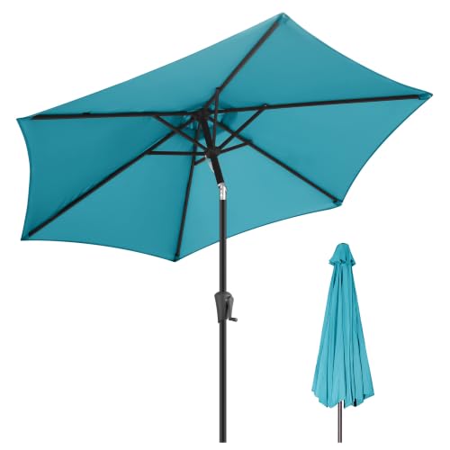 FLAME&SHADE 9ft Patio Umbrella Outdoor - Table Umbrella with Push Button Tilt and Crank, UV Protection, 6 Sturdy Ribs, Market Umbrella for Garden, Deck, Backyard, Lawn, Pool and Beach(Aqua Blue) by FLAME&SHADE - Used condition - US$56.99