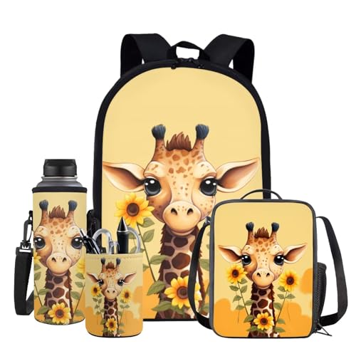XXQGOMG Giraffe Backpacks for Toddler Girls with Lunch Box Kawaii Elementary School Backpack 4 in 1 Large Schoolbags Bagpack Rucksack Travel Outdoor Daypack for Kids Gifts