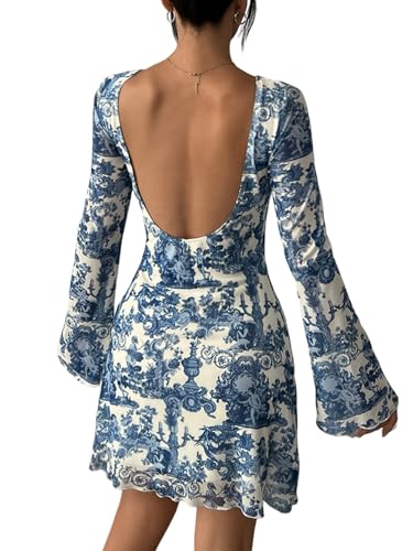 Milumia Women's Printed Long Bell Sleeve Mini Dress Vintage 90s Backless Mesh Dress