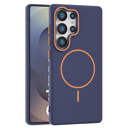 Elzzi Magnetic Case for Samsung Galaxy S25 Ultra, Lychee Texture [Compatible with MagSafe] Premium PC+TPU Back Cover Microfiber Inner Lining, Protective Phone Case (Blue)