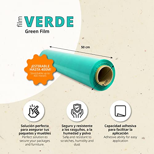 Stretch-Verpackungsfolie, grüne Kunststofffolie zum Verpacken, schützende Kunststoffrolle für Versand und Umzug, Rolle von 50 cm und bis zu 400 m dehnbar - Ofituria (1 Stück)