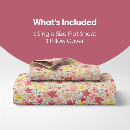 Image of Haus & Kinder Single Bedsheet for Single Bed with Pillow Cover Pure Cotton 186 TC | Soft & Silk Bedsheet for Single Bed |58 x 98 Inches - Sunlit Blossom Meadow