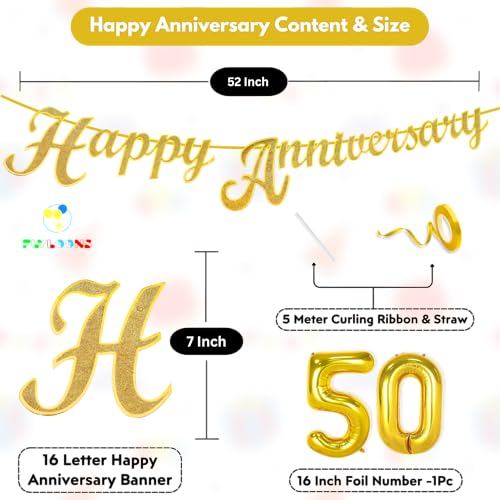 Image of Flyloons 50th Happy Anniversary Banner Gold Decorations Kit for Men Women Wedding Anniversary Banner Items without Balloons Gold Jubilee