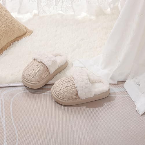 Women's Fuzzy Knit House Slippers with Faux Fur Lining, Warm Comfy Non-Slip Indoor Outdoor Bedroom Shoes for Fall Winter4