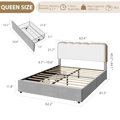 Image of Garvee Irregular Wave LED 2-Drawer Soft Upholstered Bed, Soft Padding