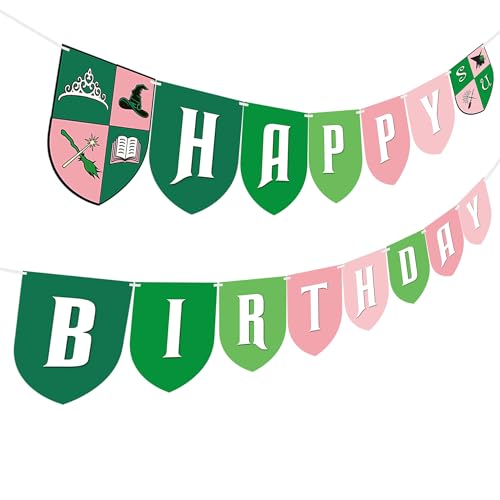 Image of Green and Pink Happy Birthday Banner Sign, Good and Bad Witch Party Decoration Flag, Paper Cutout Banner Backdrop, Green and Pink Party Supplies, Assembly Required