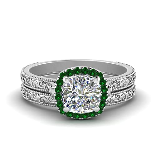 Image of Choose Your Gemstone Hand Engraved Halo Cushion Wedding Ring 925 Sterling Silver Cushion Shape Wedding Ring Sets Matching Jewelry Wedding Jewelry Easy to Wear Gifts US Size 4 to 12