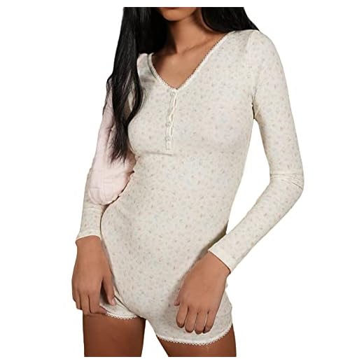 Y2k Long Sleeve One Piece Bodysuit V Neck Bodycon Floral Print Shorts Stretchy Pajama Onesie Rompers Jumpsuit(White-Long Sleeve,Medium)