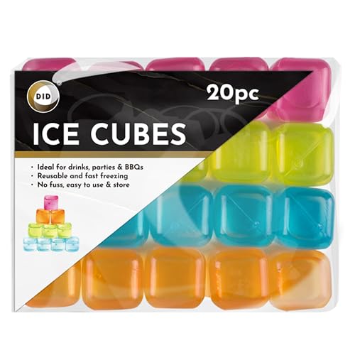 DID Reusable Ice Cubes Fast Freezing Drink Chillers in Blue Green Orange and Pink Colourful Beverage Cooling Cubes for Parties BBQs Picnics Home Bars Gatherings and Everyday Use (Pack of 20)