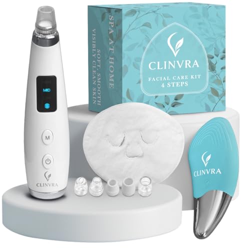CLINVRA Kit facial 4 pasos: Succionador de Puntos Negros con 5 boquillas + Limpiador Facial Eléctrico + Toalla para abrir poros, extractor y limpiador de poros para casa