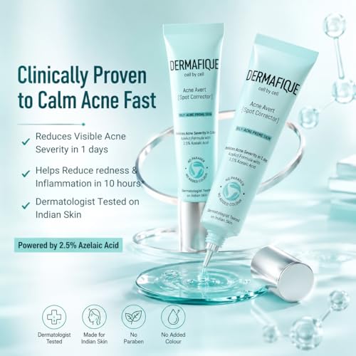 Image of Dermafique Acne Spot Corrector 10ml |Clinically tested to reduce Acne Severity in 1 Day* |2.5% Azelaic Acid | Oily /Acne Prone /Dry /Sensitive Skin | DermatTested on Indian Skin| Anti-Acne Solve |Women & Men