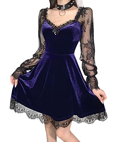 XKBHYD Damen Gothic Samtkleid Langarm Vintage Hexenkleider Mond Lolita Fee Kleid Spitze Punk Grunge Kleid, 01-lila, Medium