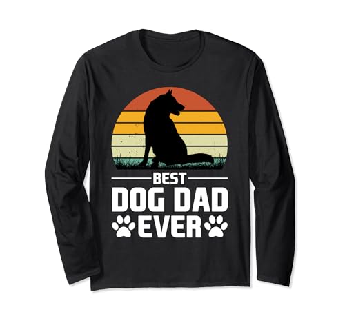 Best Dog Dad Ever Fathers Day Funny Pet Lover Retro Tramonto Maglia a Manica