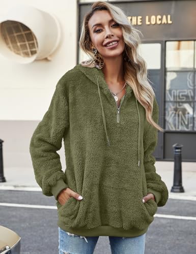 Romanstii Women's Cozy Oversize Fluffy Fleece Sweatshirt Hooded Pullover Spring Outwear Army Green XXL