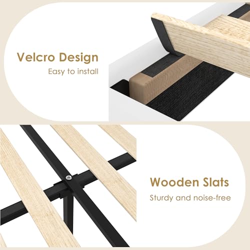 Image of VECELO Twin Size Platform Bed Frame with Height Adjustable Upholstered Headboard, Modern Mattress Foundation,Strong Wood Slat Support, No Box Spring Needed, Easy Assembly,White