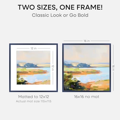 Image of Homeforia 16x16 Picture Frame Navy Blue, High End Metal 16 x 16 Square Poster Frame with Mat 12 x 12 Photo, 16x16 Frame Matted to 12x12 Print, 16by16 Hanging Frames, Tempered Glass, Wall Kit, Set of 1