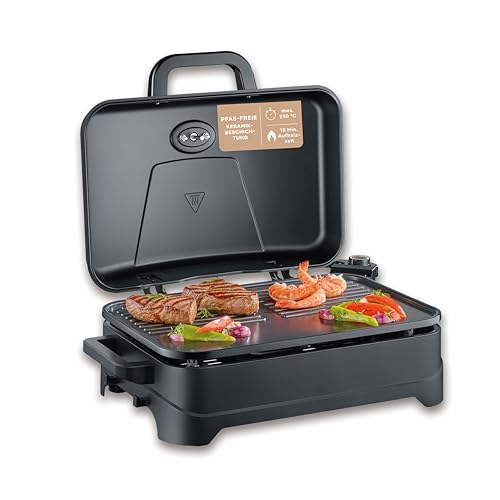 Severin Tischgrill Elektro-Grill für Balkon 2300W 10 Min. Aufheizzeit Keramik-Beschichtung max. 230C mit Deckel Thermometer 45x30cm Grillfläche matt-schwarz PG 8597