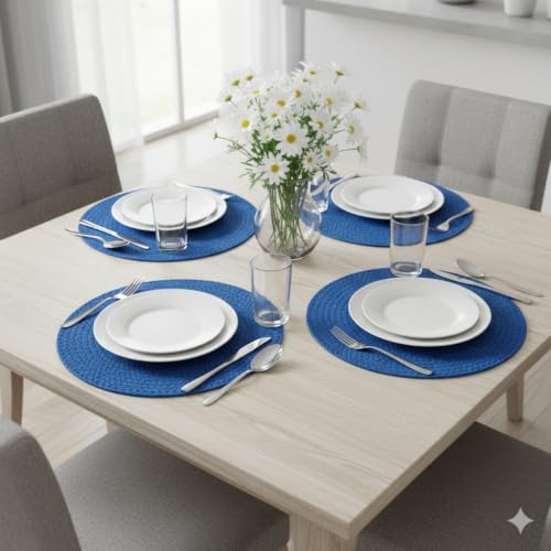 Image of Cotton Rope Placemats, Round Red with White Border, Set of 4, Heat Resistant Table Mats (Blue Plain)