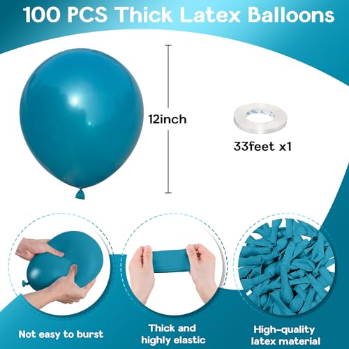 Image of Jobkoo Peacock Blue Balloons 12 Inch, 100 Pack Turquoise Blue Balloon Teal Blue Latex Balloons Matte Dark Teal Aqua Blue Helium Balloons for Birthday Baby Shower Wedding Whale Theme Party Decorations