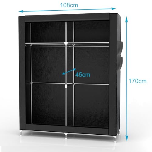INTIRILIFE Faltschrank 108x170x45 cm in Raben SCHWARZ - Stoffkleiderschrank mit Reißverschluss und Kleiderstange, Seitentasche und Fächern - Steckregal, Metallrahmen, Aufbewahrung