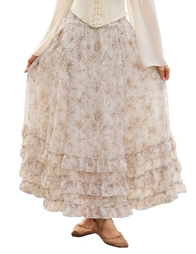 Maxi Skirts for Women Floral Chiffon Elastic High Waist Flowy Ruffle Long Skirt with Pokets Brown Floral S
