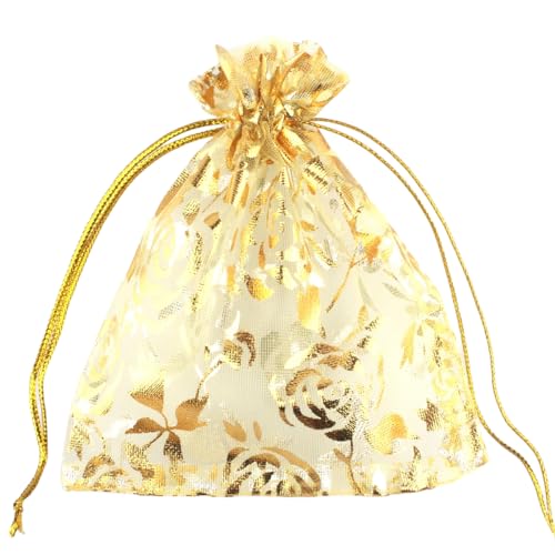 Image of 100 pcs 3.5 x 4.7 Inch Flower Heart Organza Jewelry Gift Pouch Candy Pouch Drawstring Wedding Favor Bags X92 (gold gold flower)
