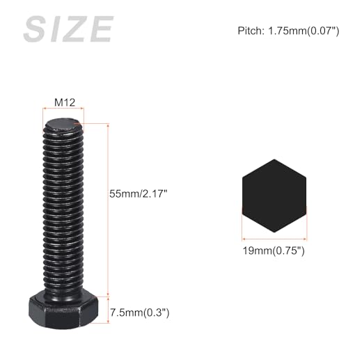 Image of METALLIXITY Hex Bolts (M12-1.75x55mm) 5Pcs, 8.8 Grade Carbon Steel Fully Threaded Black Oxide, Coarse Thread UNC Hex Head Screw Bolt - for Furniture Repair