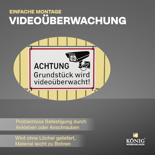 Schild Achtung Grundstück wird videoüberwacht! | PVC 30 x 20 cm | stabiles PVC Schild mit UV-Schutz | weiß | Videoüberwachung Kameraüberwachung Kameraüberwacht | Dreifke®