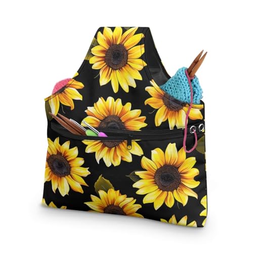 Image of KUIFORTI Sunflower Yarn Bag Holder Knitting Accessories Black Crochet Bag Organizer Tote Yarn Bags for Crocheting on The Go, Large Size