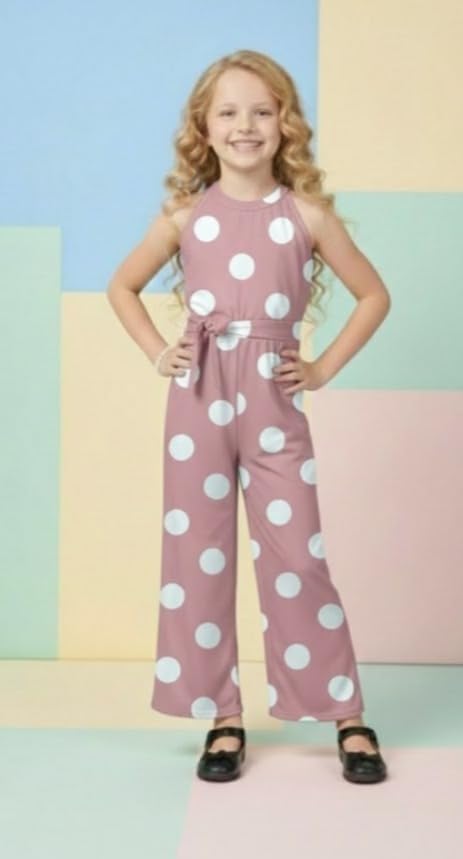 Image of A.T.U.N. (ALL THINGS UBER NICE) Girls Printed Poly Silk Jumpsuit with Tie-Up Belt | Stylish Sleeveless One-Piece Outfit for Kids | Trendy Comfortable Wear for Parties Functions & Photoshoots