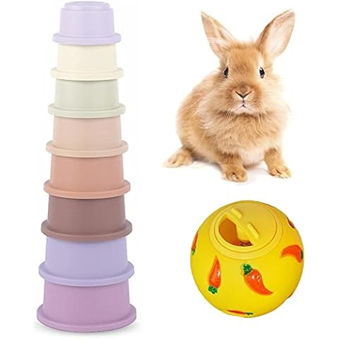 Tkocisa 9 PCS Bunny Stacking Cups, Stacking Cups for Rabbits Stack up Bunny Cups Toys Rabbit Food Dispenser for Rabbits Bunny Small Animals Cover