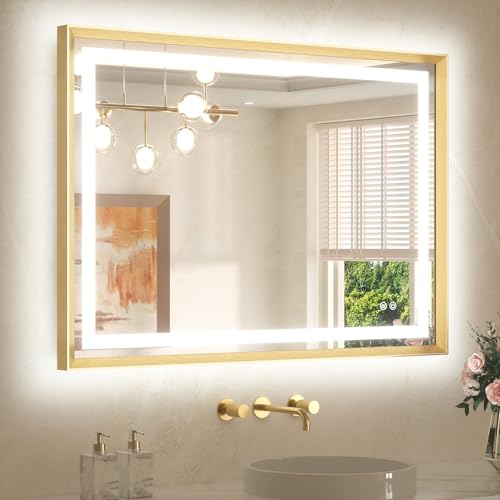 TETOTE 40 x 30 Bathroom Mirror Brushed Gold Metal Frame Frontlit & Backlit Vanity Mirror 3 Colors White/Warm/Natural Stepless Dimmable Anti-Fog Bathroom Mirrors for Vanity Wall-Mounted