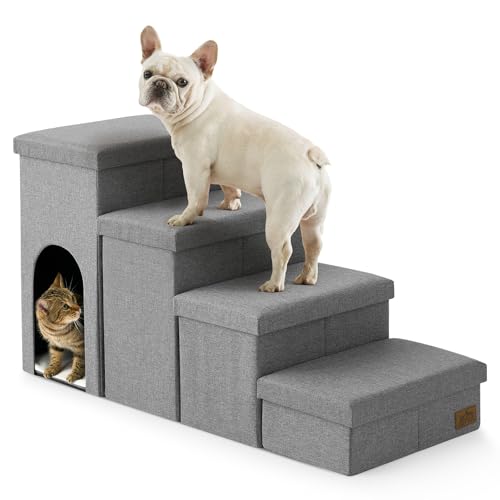 COZY KISS Hundetreppe für Kleine Hunde mit Stauraum, Breite Haustiertreppe Faltbare für Bett und Couch, Hunderampe mit Rutschfestem Boden, Lecksichere (Grau, Condo(109x43x58cm), 4)