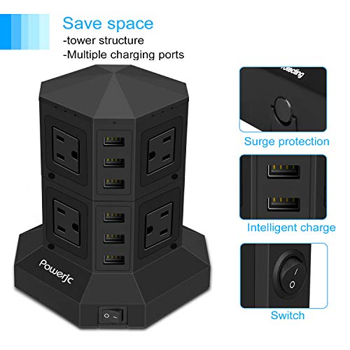 Tower Power Strip Surge Protector 8 AC Outlets with 6 USB Ports Chargers Black-Powerjc