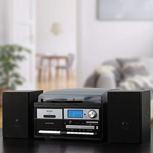 Jensen Jta-575Bk All-In-One Modern Home Record Player Stereo 3-Speed Turntable Music System Multimedia Center + Cd/Mp3, Usb/Sd Encoding Am/Fm Cassette Player/Recorder + Remote Wooden Speakers (Black) #TOP2