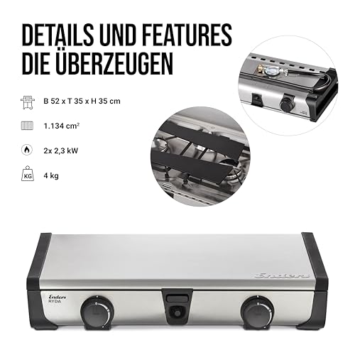 Enders Ryda 2Z, Gaskocher mit Zündsicherung, 2-flammig, Edelstahlbrenner 2x2,3 kW, klein und kompakt, inkl. Gasschlauch und Windschutz #1862, Silber/Schwarz