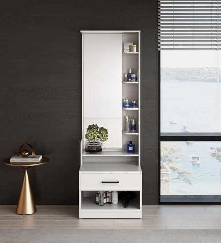 Image of Miko Dressing Table with Storage | Engineered Wood | Frosty White Matte Finish | Large Mirror (120x40 cm) | Bedroom Furniture | Knock Down Assembly